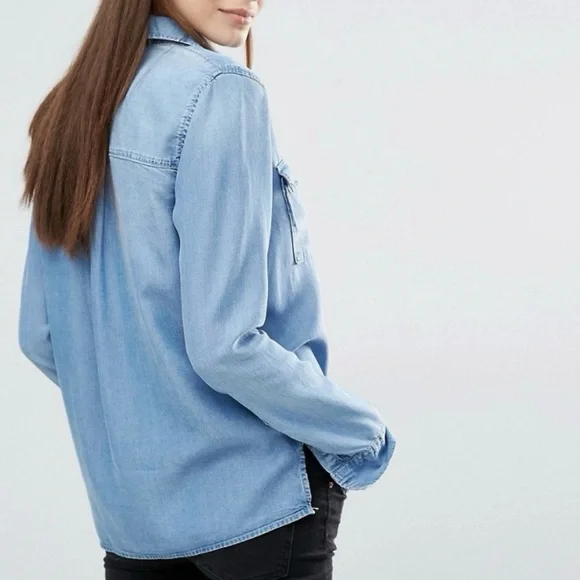 Abercrombie & Fitch Lace Up V-Neck Chambray Denim Long Sleeve Shirt Womens Small - Picture 4 of 12
